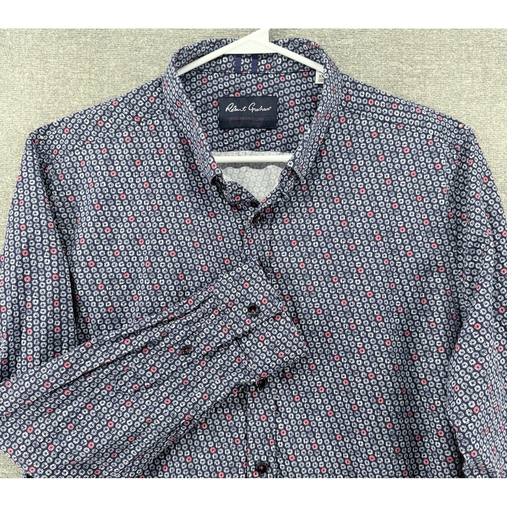Robert Graham Flip Cuff Tailored Fit Shirt Men 3XL Geometric Blue Long Sleeve